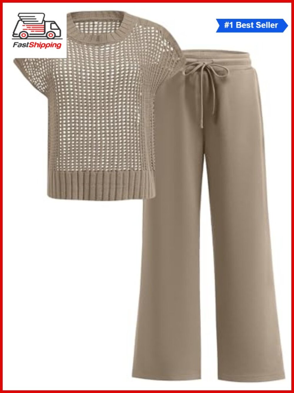 ✨ OUKODS Two Piece Crochet Sheer Knit Sweater Top Wide Leg Pants Lounge